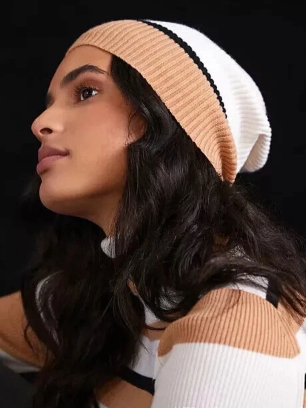 Anthropologie Colorblock Stripe Knit Beanie Hat Cap Brown Cream Tan Striped NWT